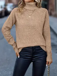 Women's 2026 Chic Casual Turtleneck Ribbed Knit Sweater - Sheer, High Neck, Raglan Long-Sleeve, Fitted Pullover for US Autumn Winter - Women's Tops Knitwear